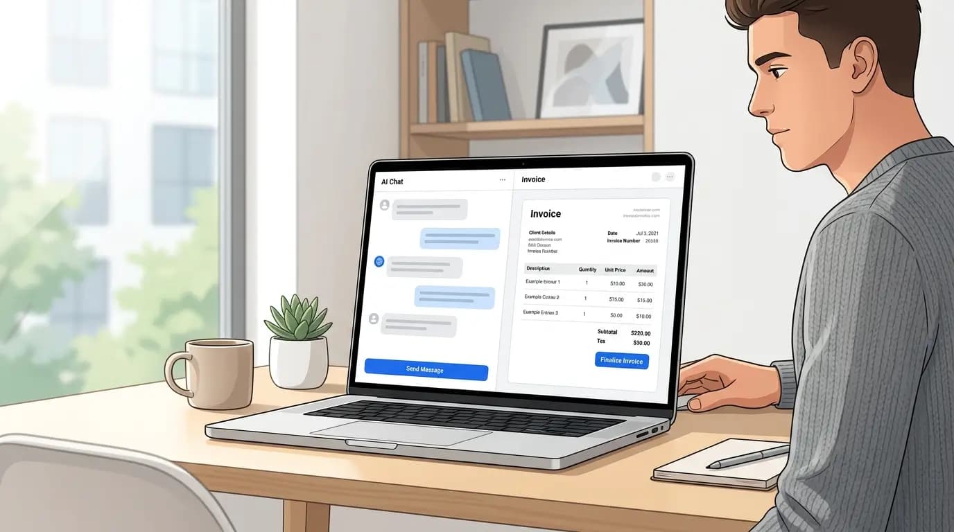 Freelancer using AI Invoice Generator with chat panel and live invoice preview on a laptop