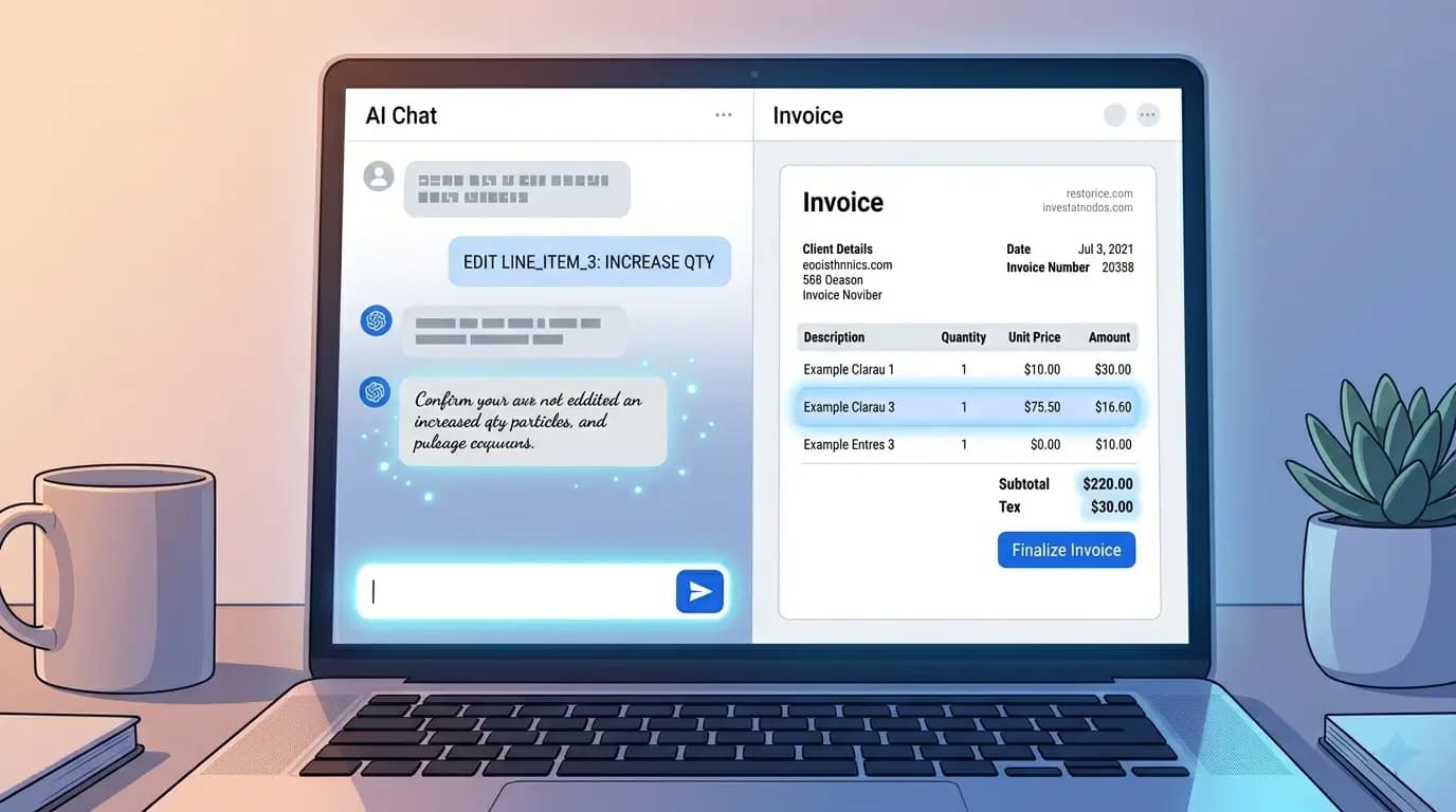 AI chat interface editing invoice line items with real-time preview updates