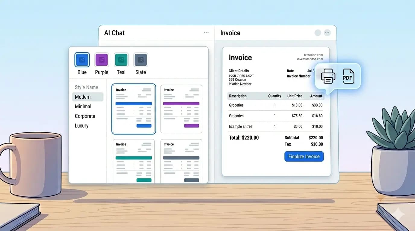 Invoice template picker with color swatches, style options, and PDF export