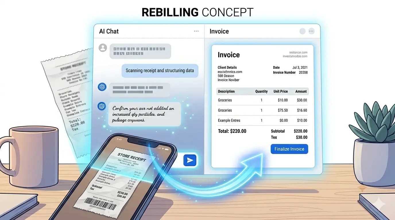 Smartphone scanning a store receipt and converting it into a digital invoice with AI